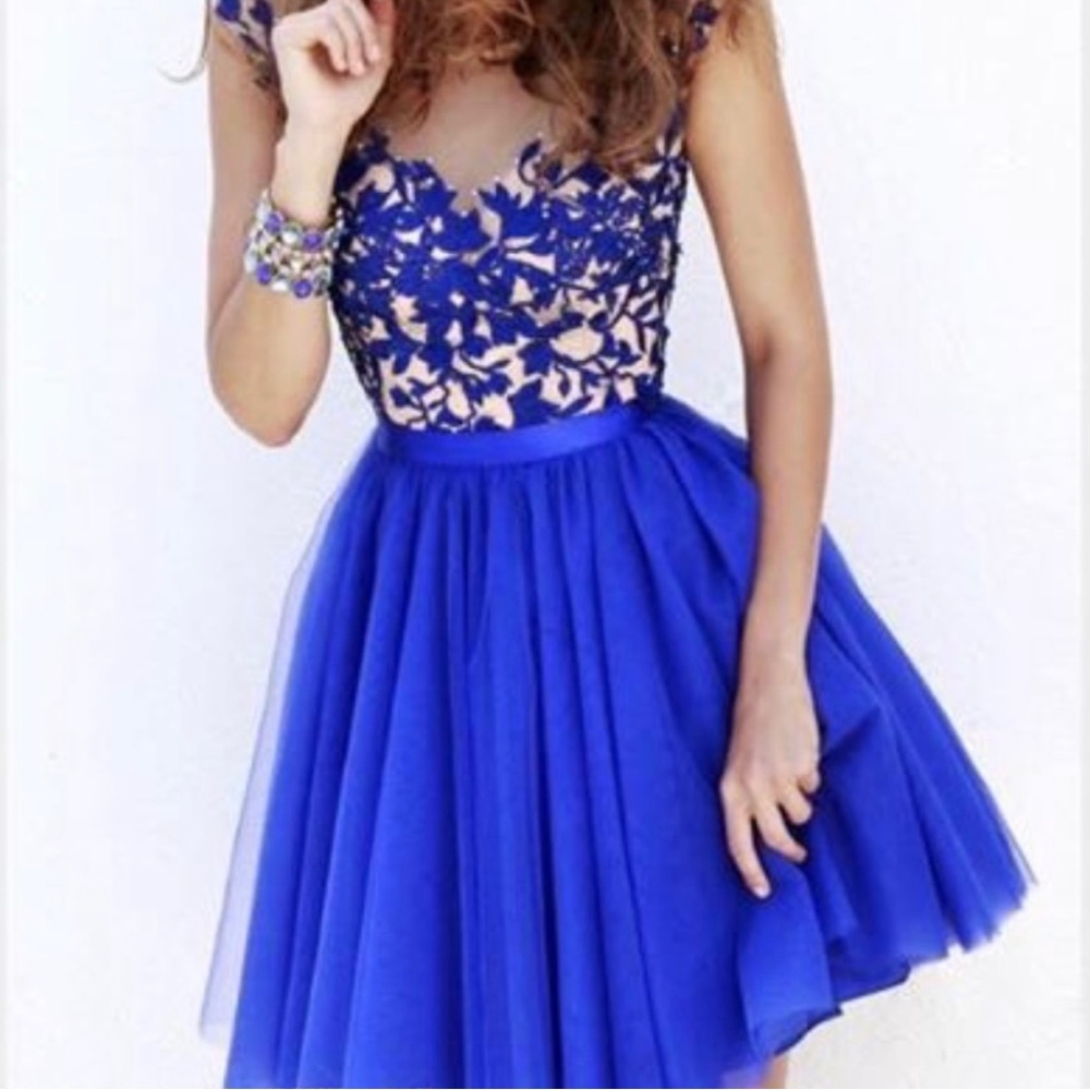 Sherri Hill Royal Blue Dress Tulle Skirt Mesh Embroidered Rhinestone Size 12